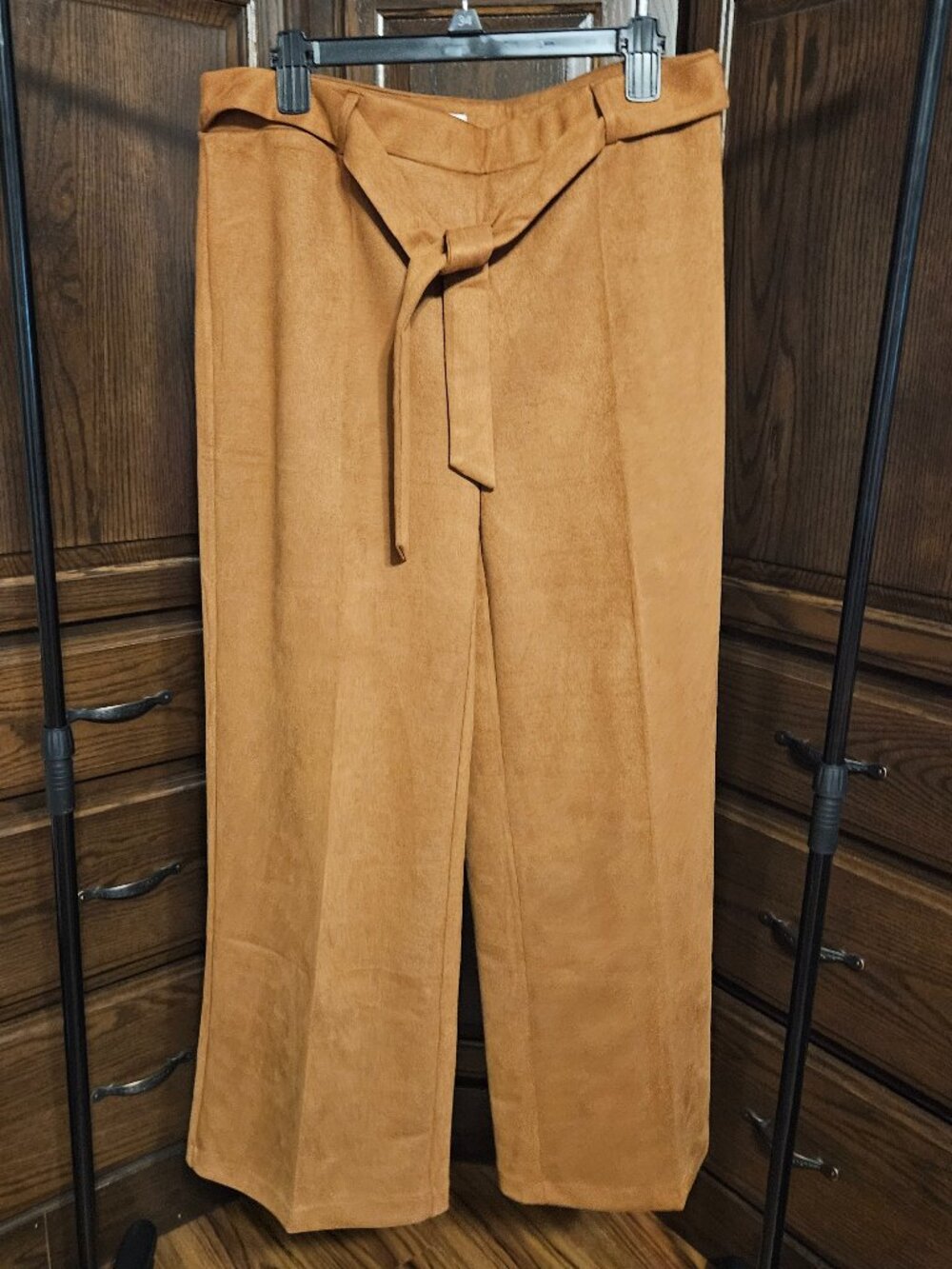 Carole Wren Faux Suede Wide Leg Pants Brown Tan Belted Size L